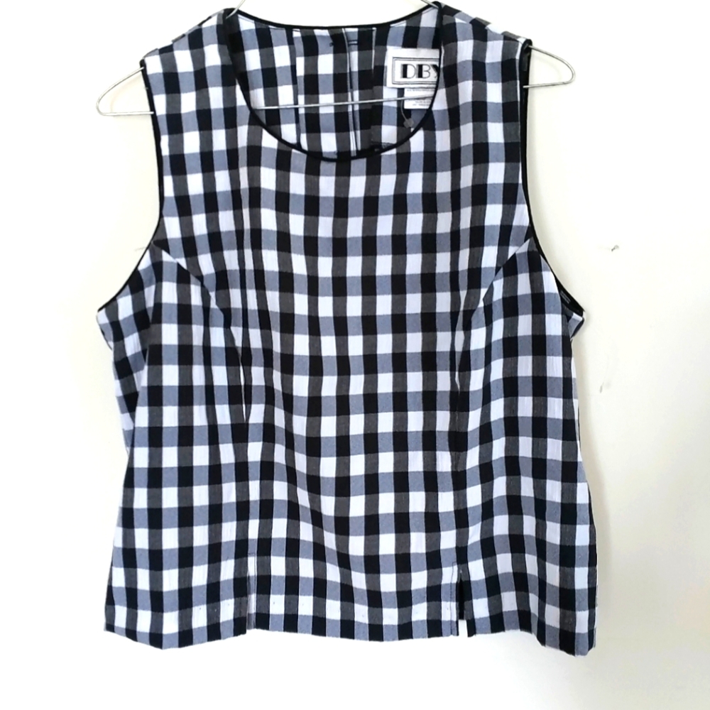 Black and White checkered top, back button down top, size 13/14 by DBY